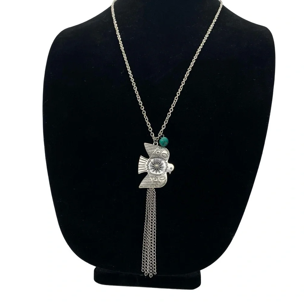 Vintage Thunderbird Phoenix Long Dangle Necklace Silver Tone Metal Turquoise